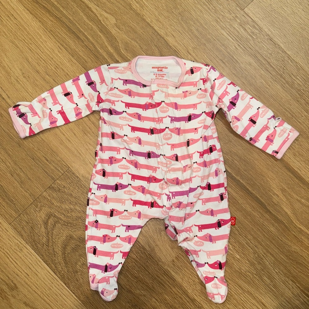 Cotton Magnetic Me Pink and White Dachshund Print Footie